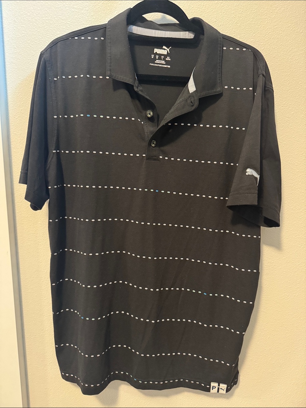 NWOT Puma Black Polo with Horizontal Blue and Grey Dotted Stripes